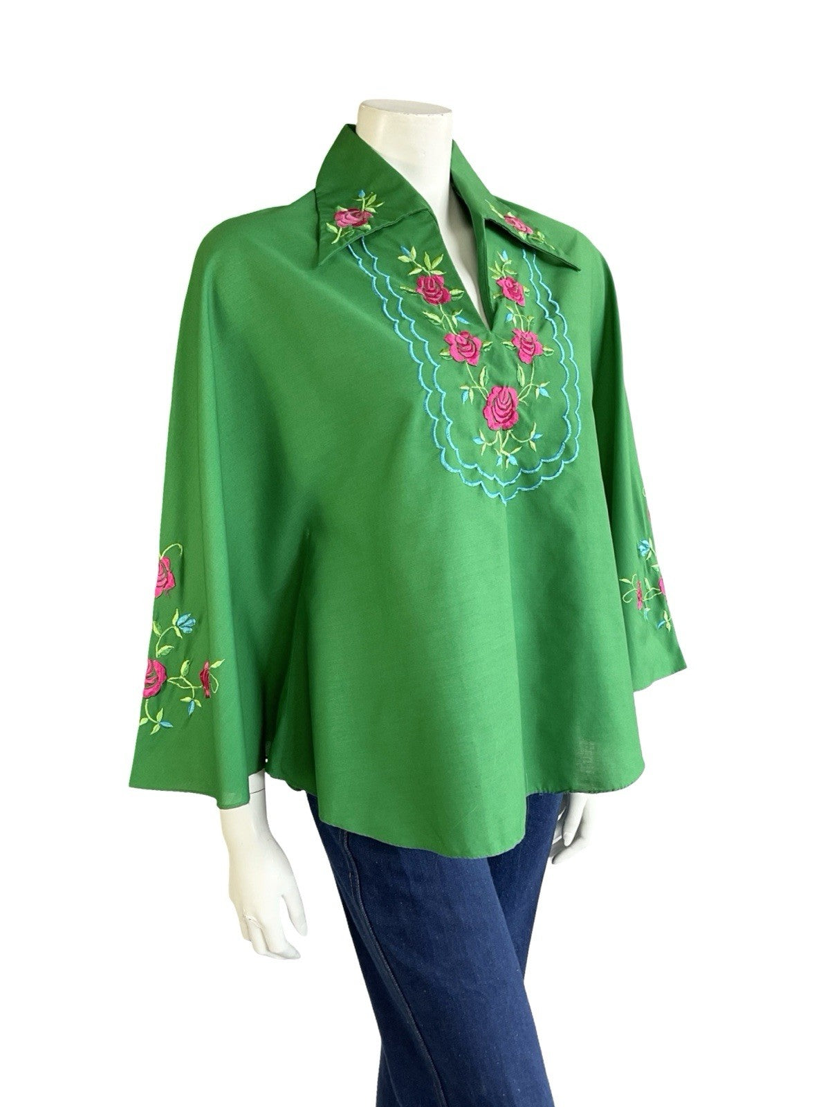 VTG 60S 70S GREEN BLUE PINK ROSE EMBROIDERED DAGGER CAPE KAFTAN TOP 8 10 S