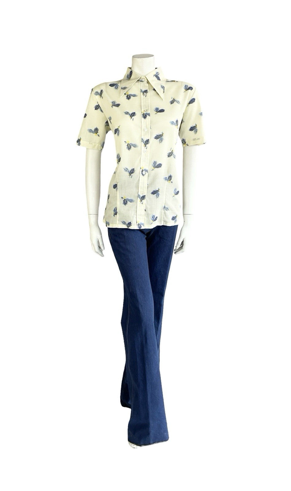 VTG 60S 70S CREAM BLUE YELLOW FEATHER DAGGER COLLAR MOD SHORT SLEEVE SHIRT 16