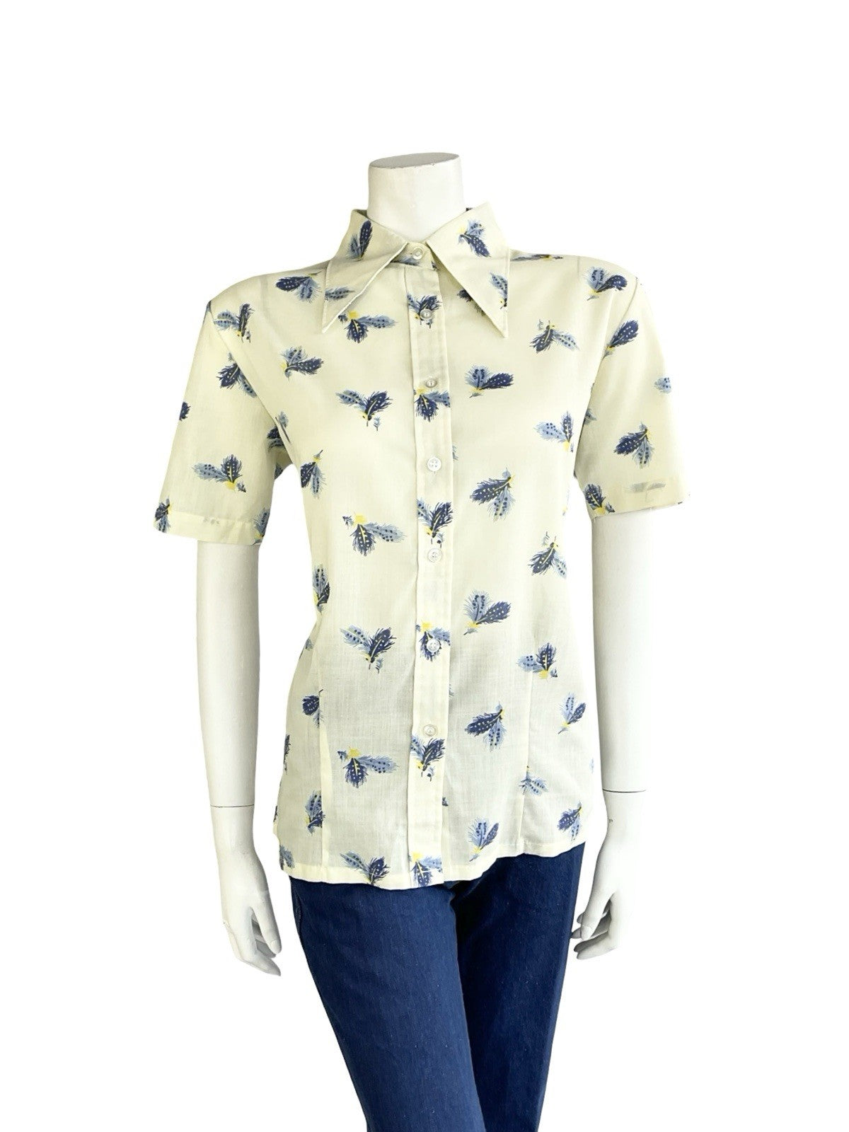 VTG 60S 70S CREAM BLUE YELLOW FEATHER DAGGER COLLAR MOD SHORT SLEEVE SHIRT 16