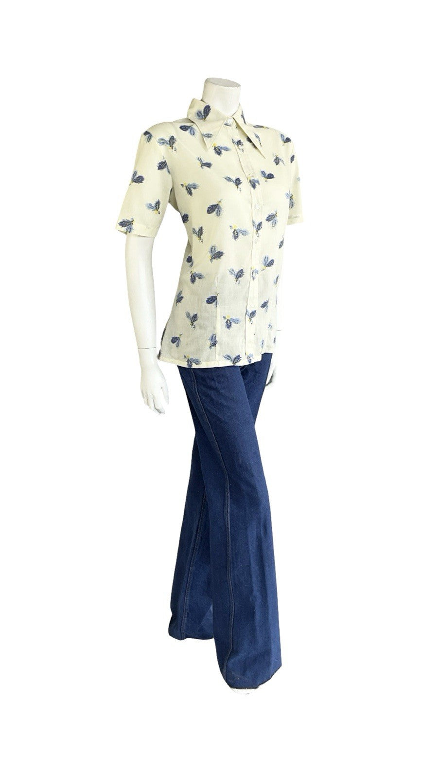 VTG 60S 70S CREAM BLUE YELLOW FEATHER DAGGER COLLAR MOD SHORT SLEEVE SHIRT 16