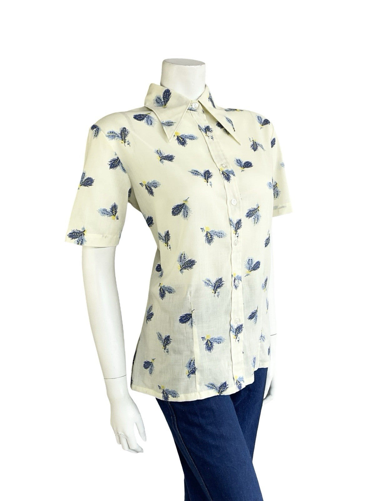 VTG 60S 70S CREAM BLUE YELLOW FEATHER DAGGER COLLAR MOD SHORT SLEEVE SHIRT 16