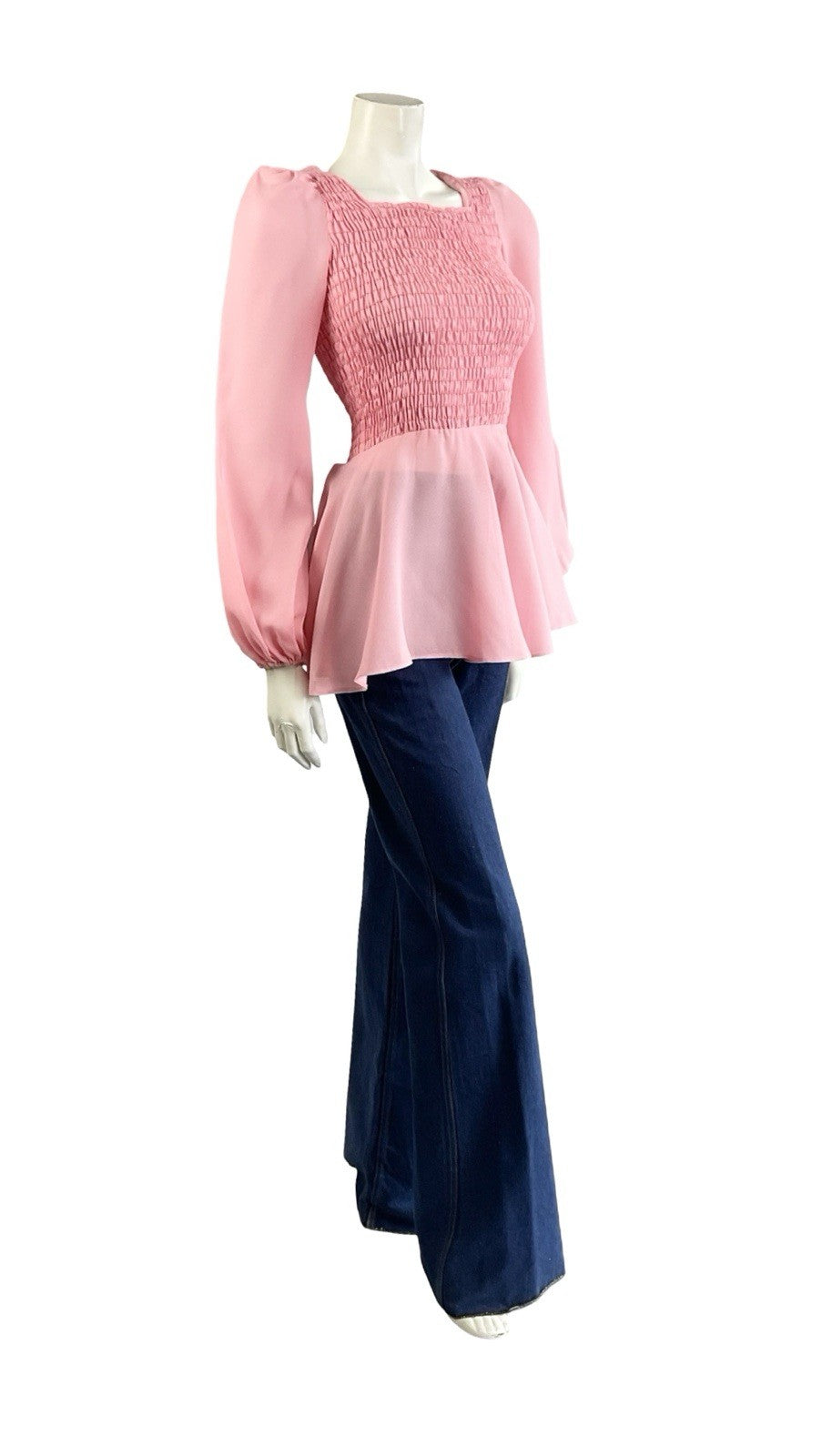 VTG 70S LIGHT PINK DISCO PEPLUM RUCHED ELASTICATED BISHOP SLEEVE TOP XS 6