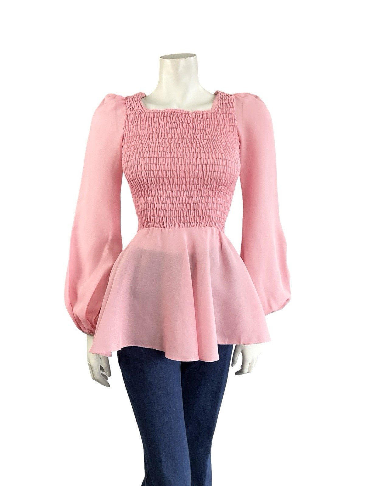 VTG 70S LIGHT PINK DISCO PEPLUM RUCHED ELASTICATED BISHOP SLEEVE TOP XS 6