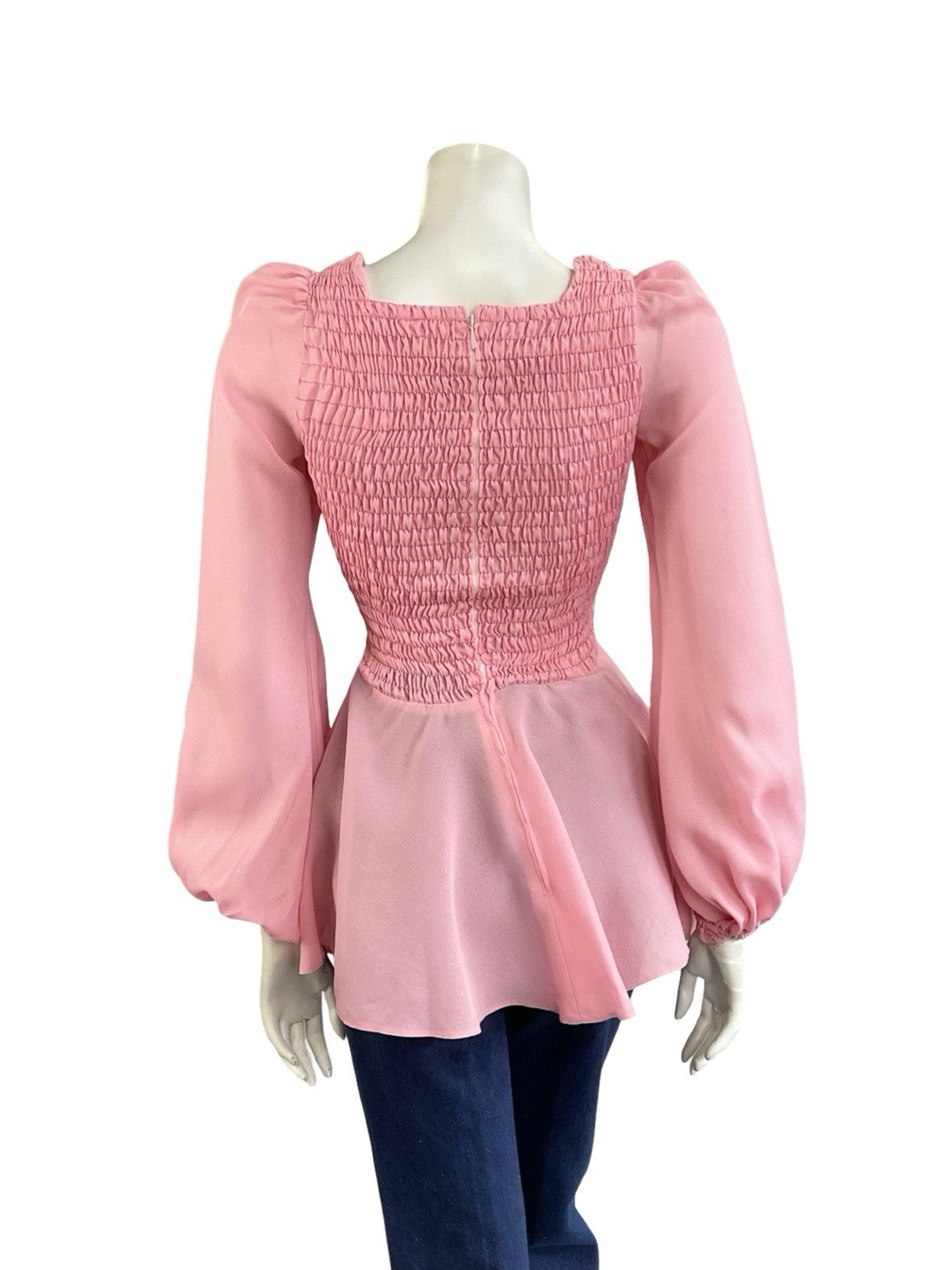 VTG 70S LIGHT PINK DISCO PEPLUM RUCHED ELASTICATED BISHOP SLEEVE TOP XS 6