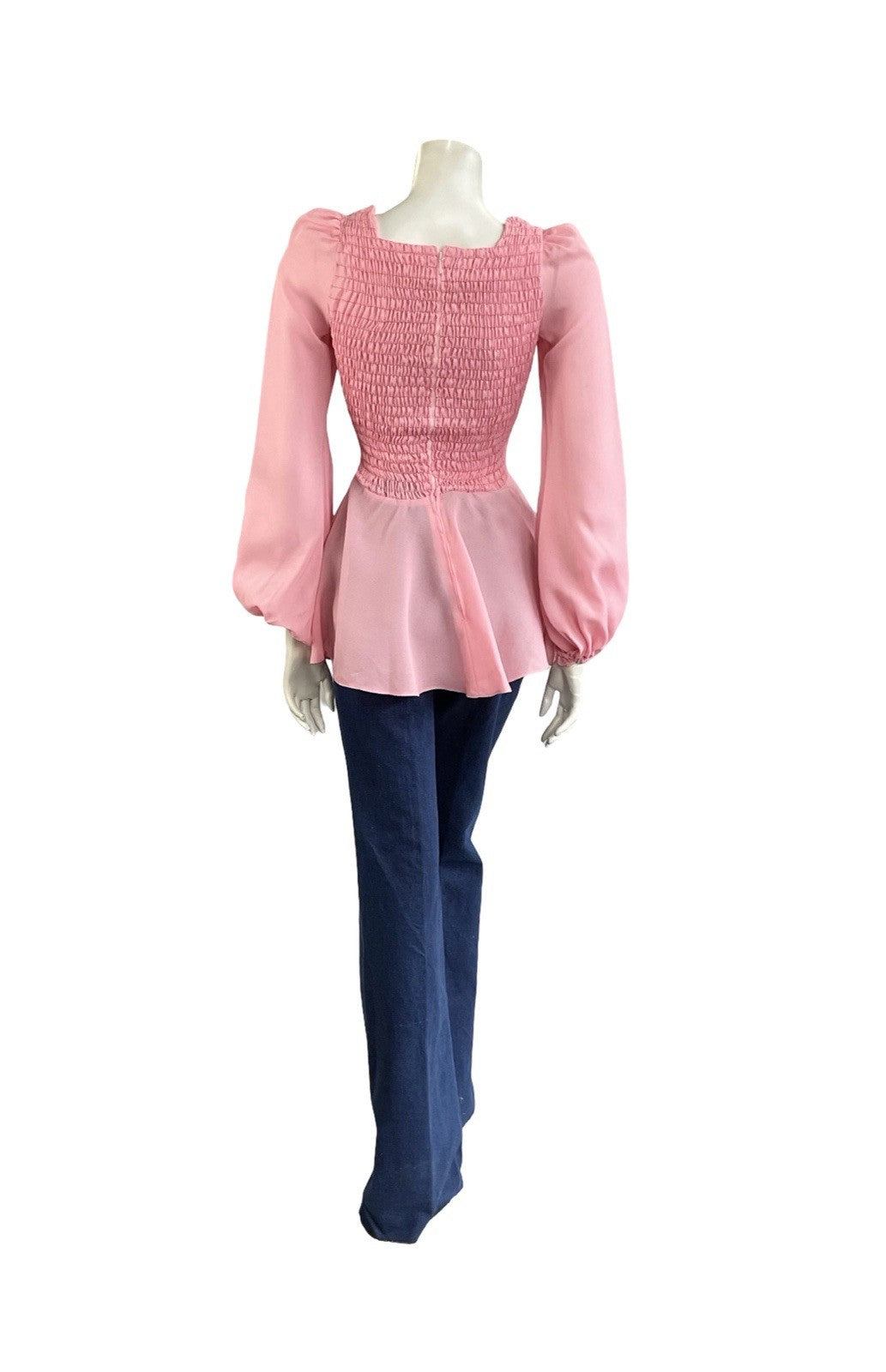 VTG 70S LIGHT PINK DISCO PEPLUM RUCHED ELASTICATED BISHOP SLEEVE TOP XS 6