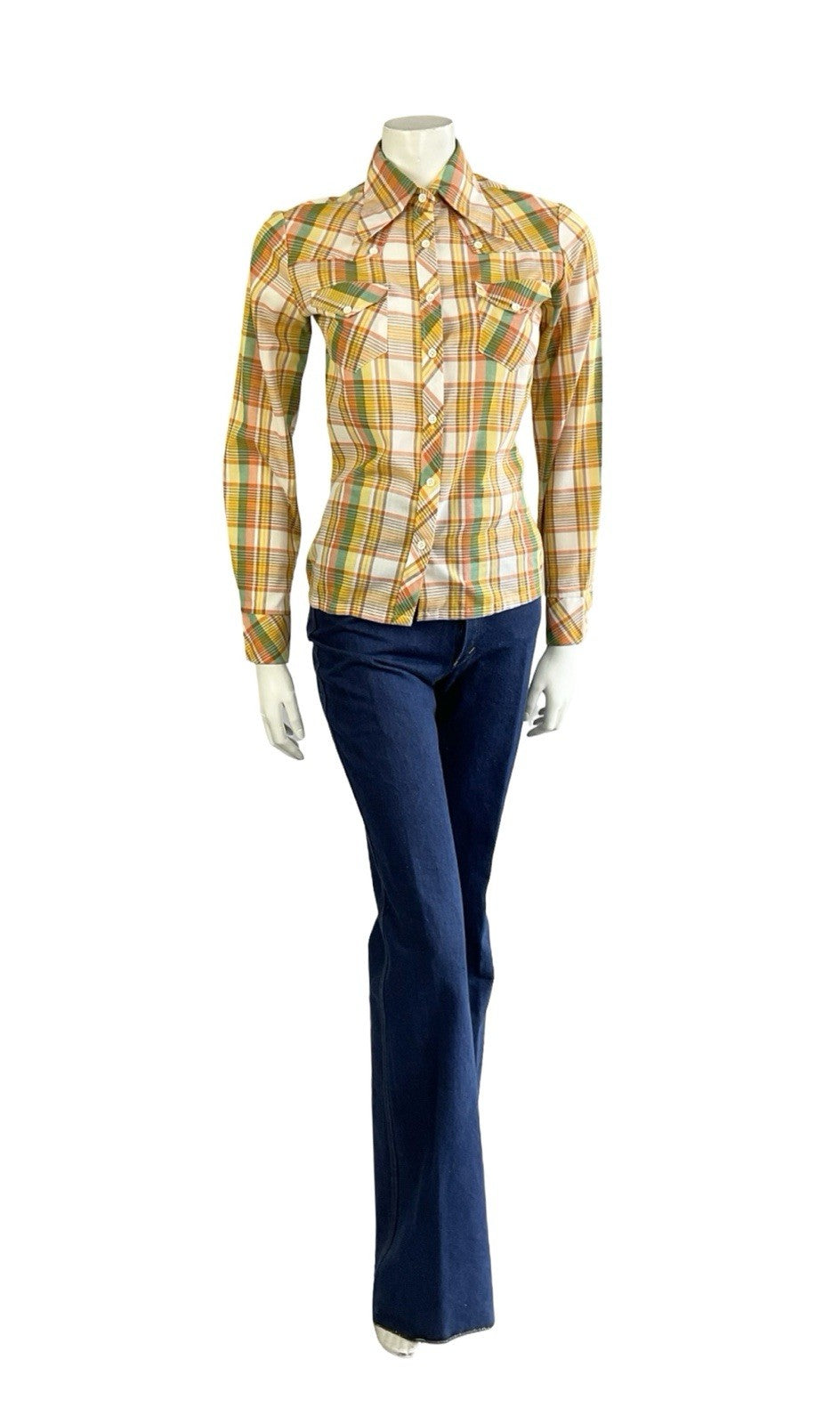VTG 70S ORANGE YELLOW WHITE GREEN WESTERN DAGGER COLLAR PLAID CHECKED SHIRT 8 S