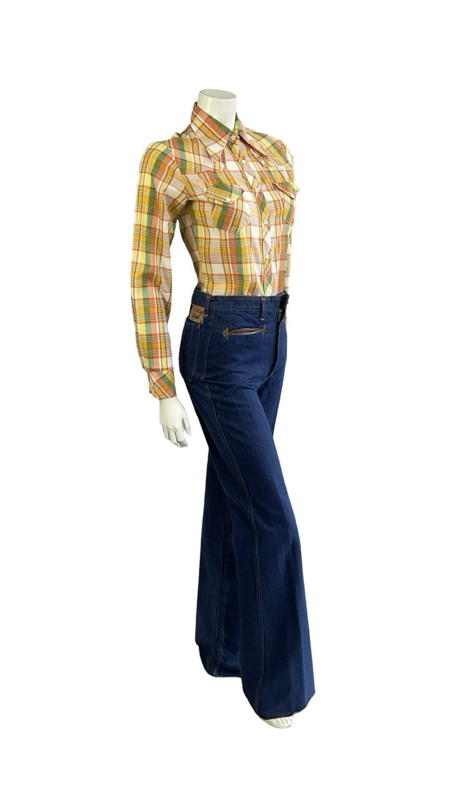 VTG 70S ORANGE YELLOW WHITE GREEN WESTERN DAGGER COLLAR PLAID CHECKED SHIRT 8 S
