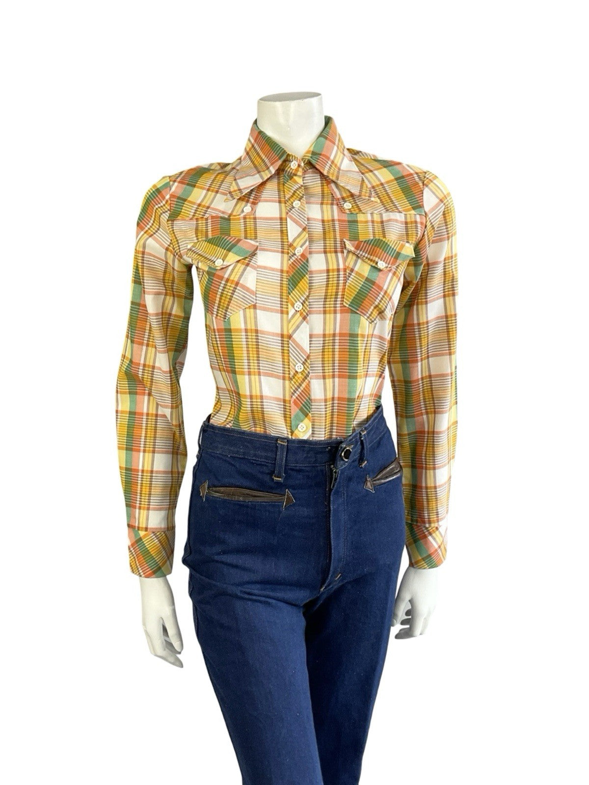 VTG 70S ORANGE YELLOW WHITE GREEN WESTERN DAGGER COLLAR PLAID CHECKED SHIRT 8 S