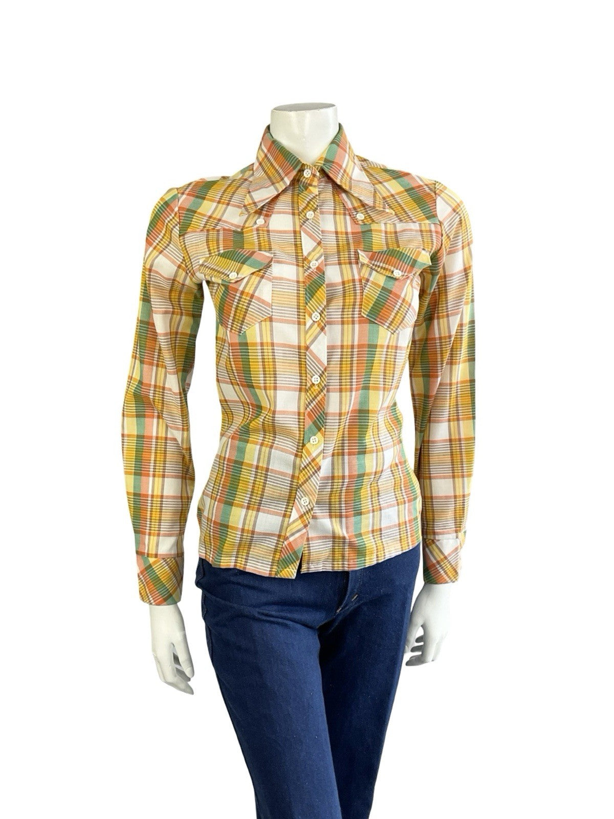 VTG 70S ORANGE YELLOW WHITE GREEN WESTERN DAGGER COLLAR PLAID CHECKED SHIRT 8 S
