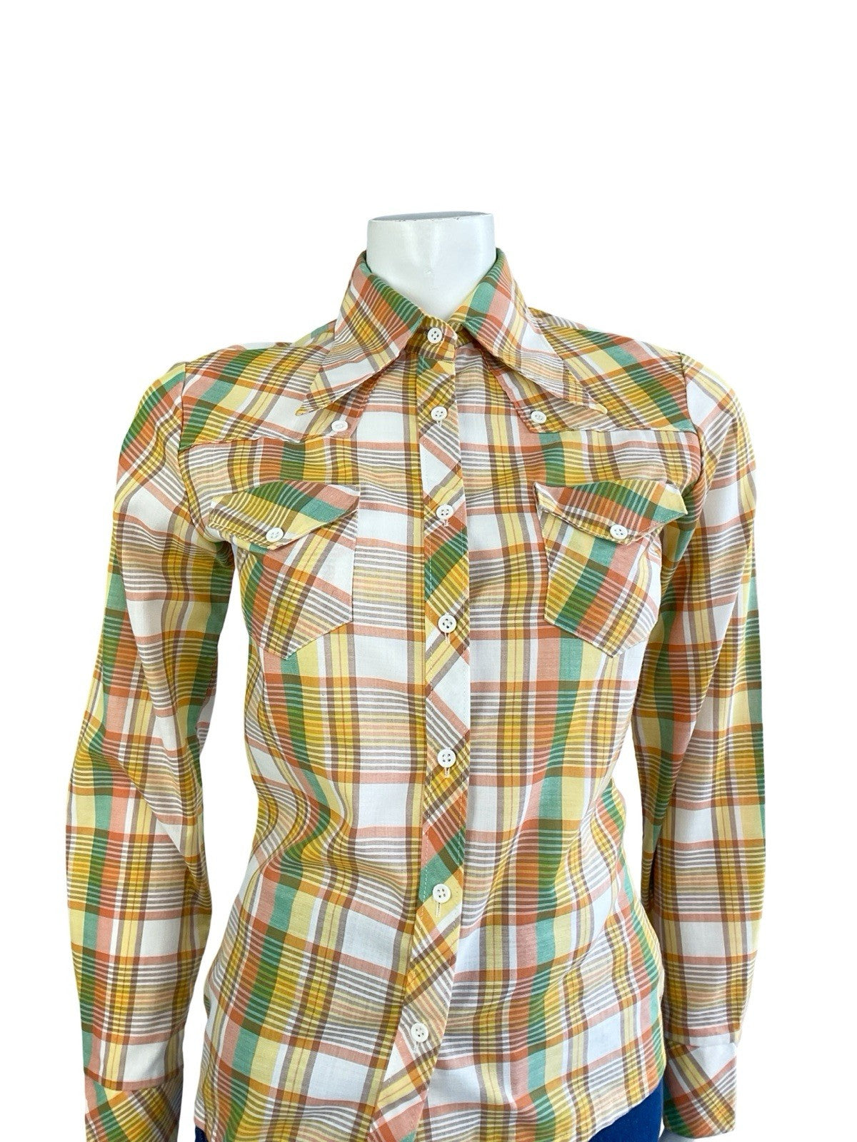 VTG 70S ORANGE YELLOW WHITE GREEN WESTERN DAGGER COLLAR PLAID CHECKED SHIRT 8 S
