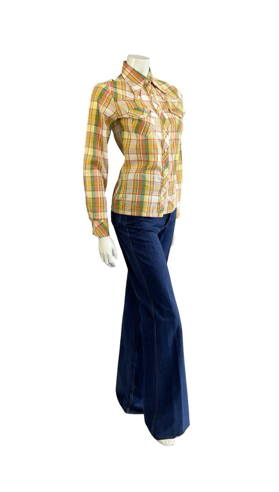 VTG 70S ORANGE YELLOW WHITE GREEN WESTERN DAGGER COLLAR PLAID CHECKED SHIRT 8 S
