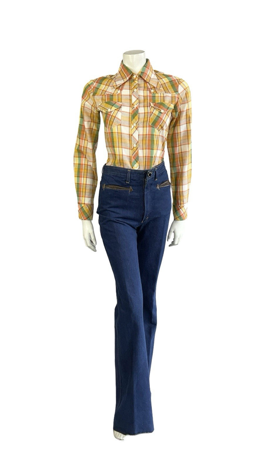 VTG 70S ORANGE YELLOW WHITE GREEN WESTERN DAGGER COLLAR PLAID CHECKED SHIRT 8 S