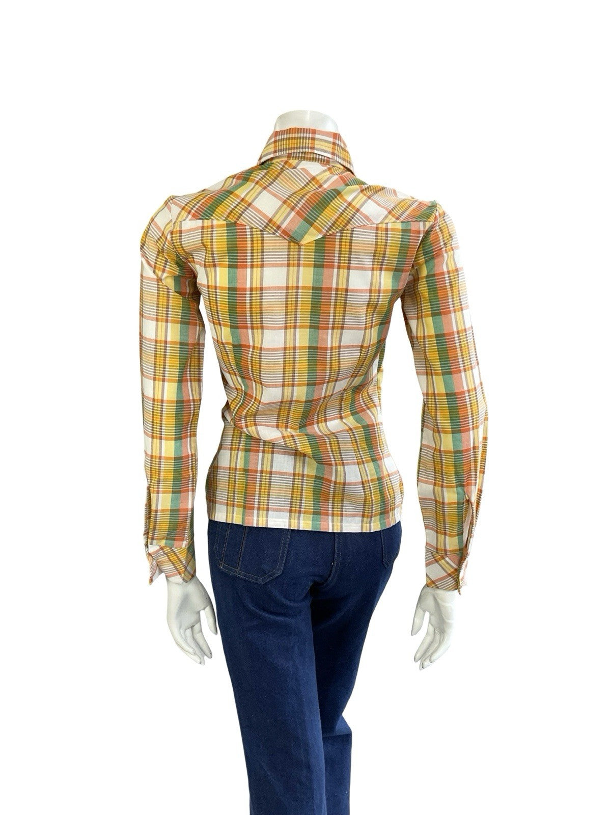 VTG 70S ORANGE YELLOW WHITE GREEN WESTERN DAGGER COLLAR PLAID CHECKED SHIRT 8 S