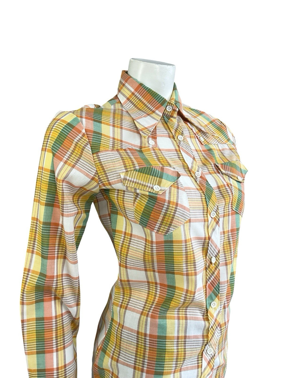 VTG 70S ORANGE YELLOW WHITE GREEN WESTERN DAGGER COLLAR PLAID CHECKED SHIRT 8 S