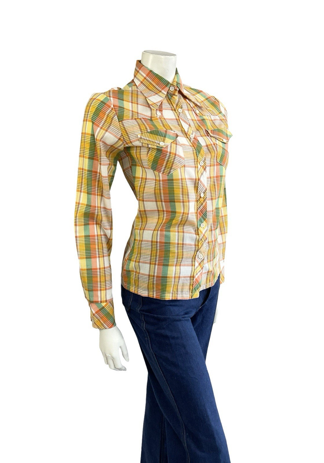 VTG 70S ORANGE YELLOW WHITE GREEN WESTERN DAGGER COLLAR PLAID CHECKED SHIRT 8 S