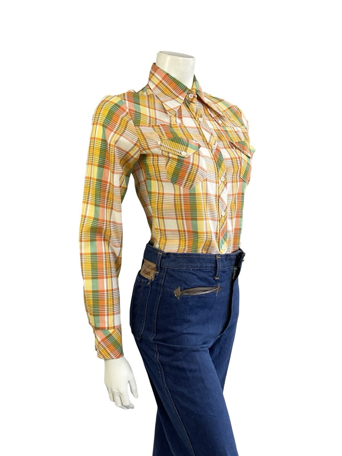 VTG 70S ORANGE YELLOW WHITE GREEN WESTERN DAGGER COLLAR PLAID CHECKED SHIRT 8 S
