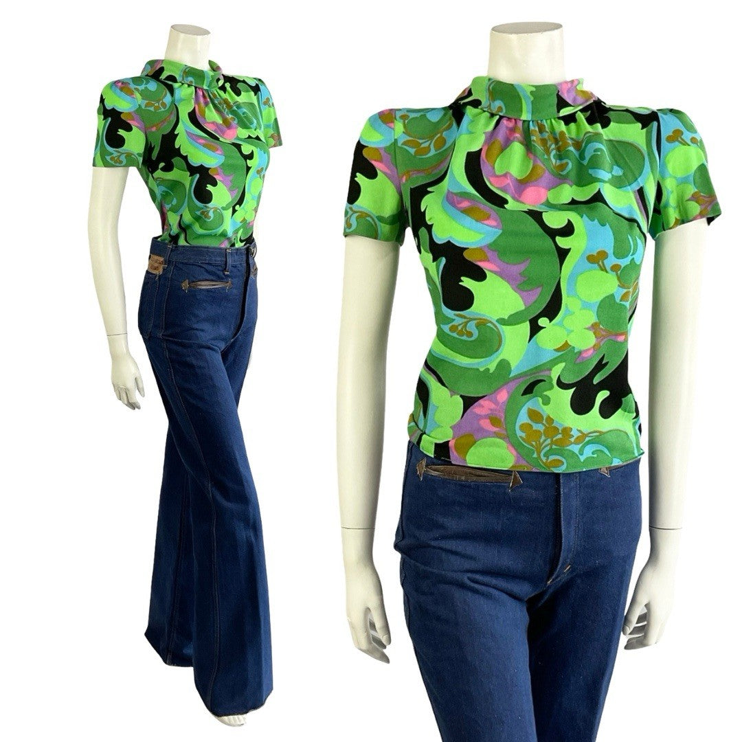 VTG 60S GREEN BLACK BLUE PSYCHEDELIC GEOMETRIC PAISLEY FUNNEL NECK MOD TOP 10