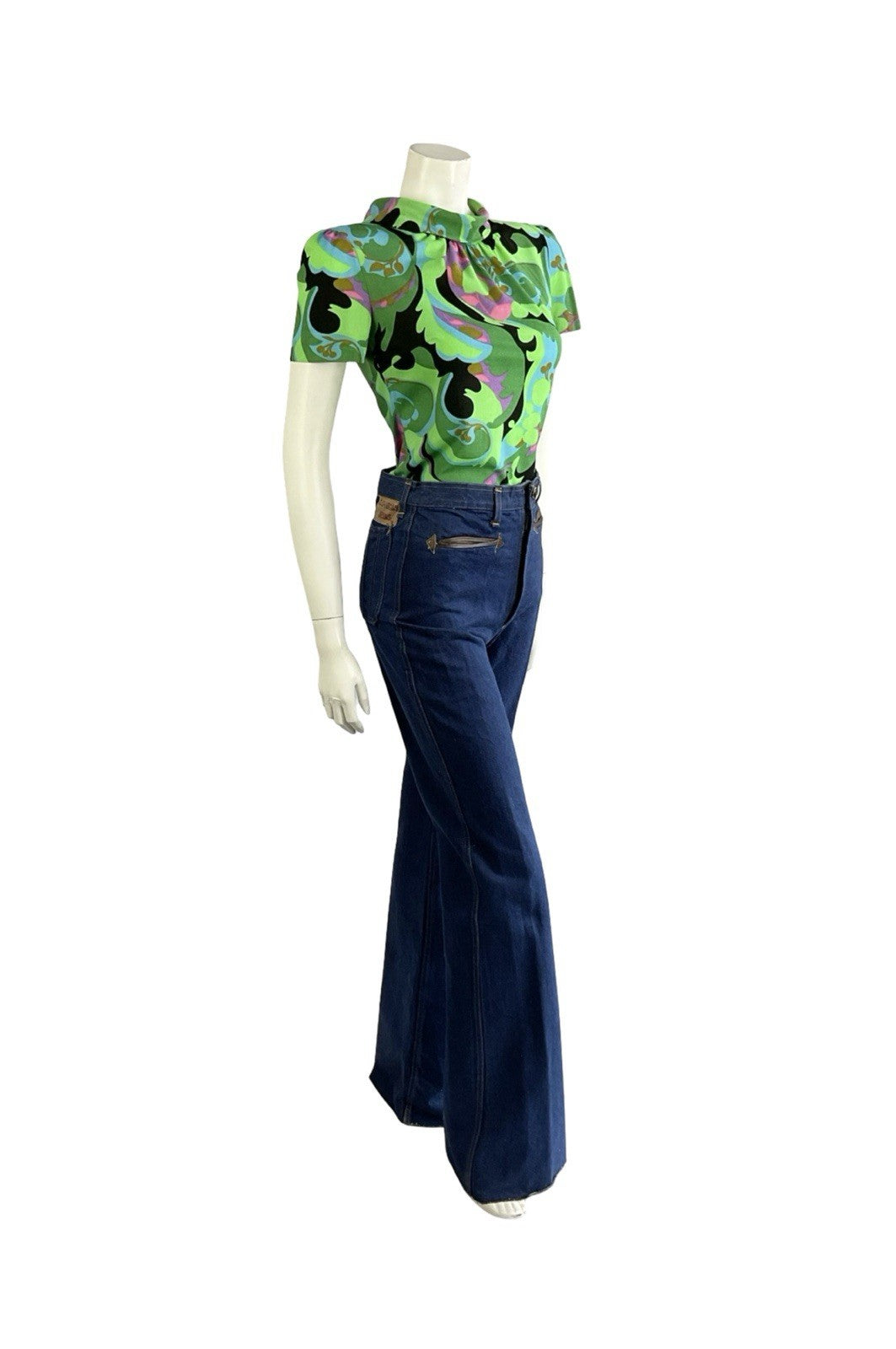 VTG 60S GREEN BLACK BLUE PSYCHEDELIC GEOMETRIC PAISLEY FUNNEL NECK MOD TOP 10