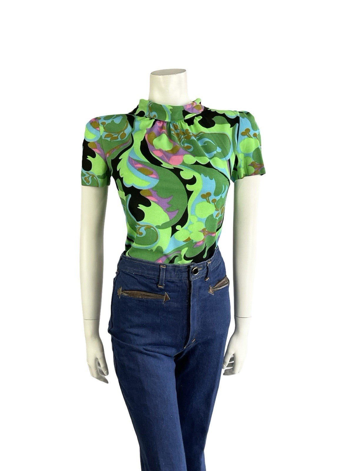 VTG 60S GREEN BLACK BLUE PSYCHEDELIC GEOMETRIC PAISLEY FUNNEL NECK MOD TOP 10
