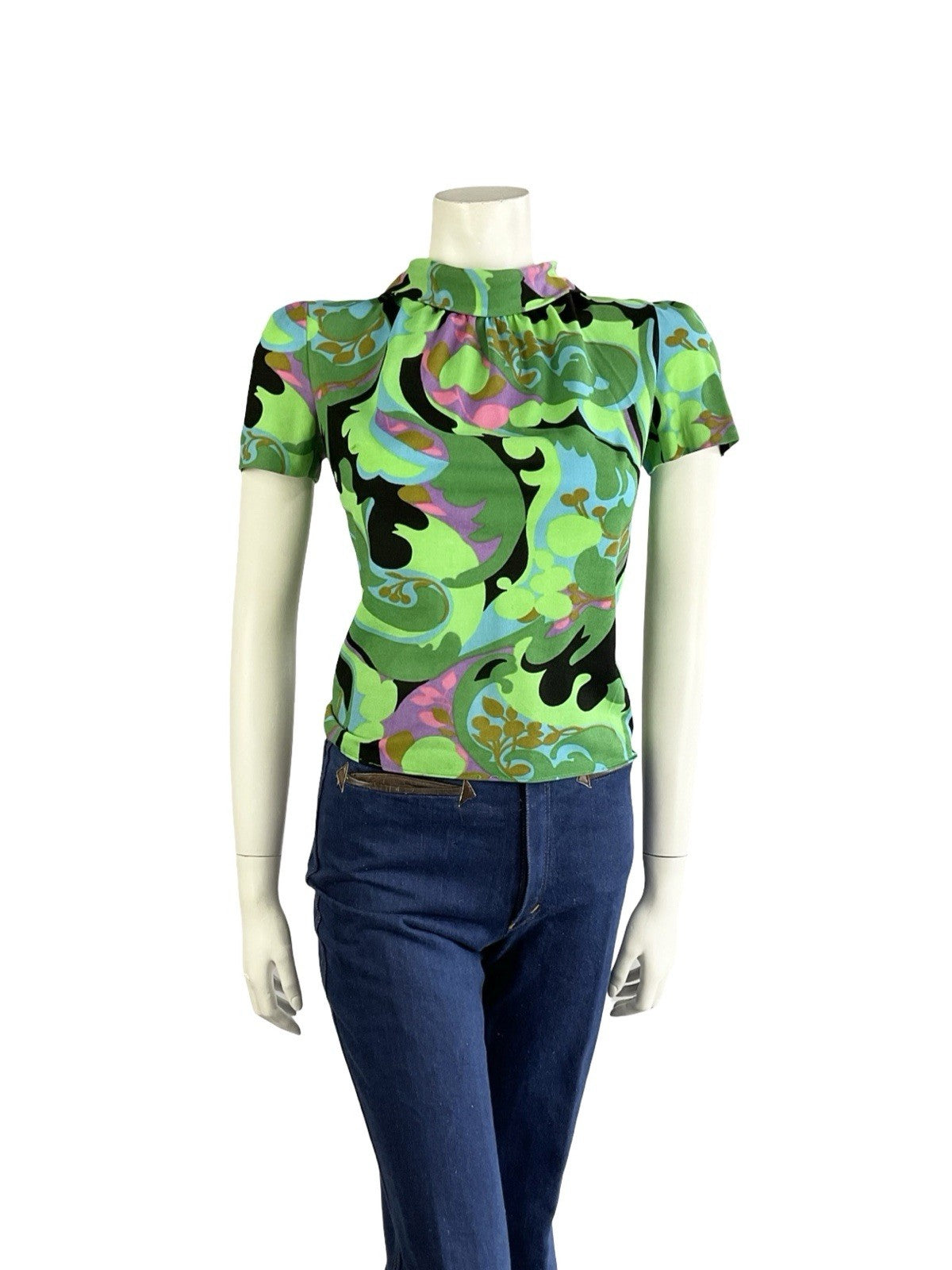 VTG 60S GREEN BLACK BLUE PSYCHEDELIC GEOMETRIC PAISLEY FUNNEL NECK MOD TOP 10