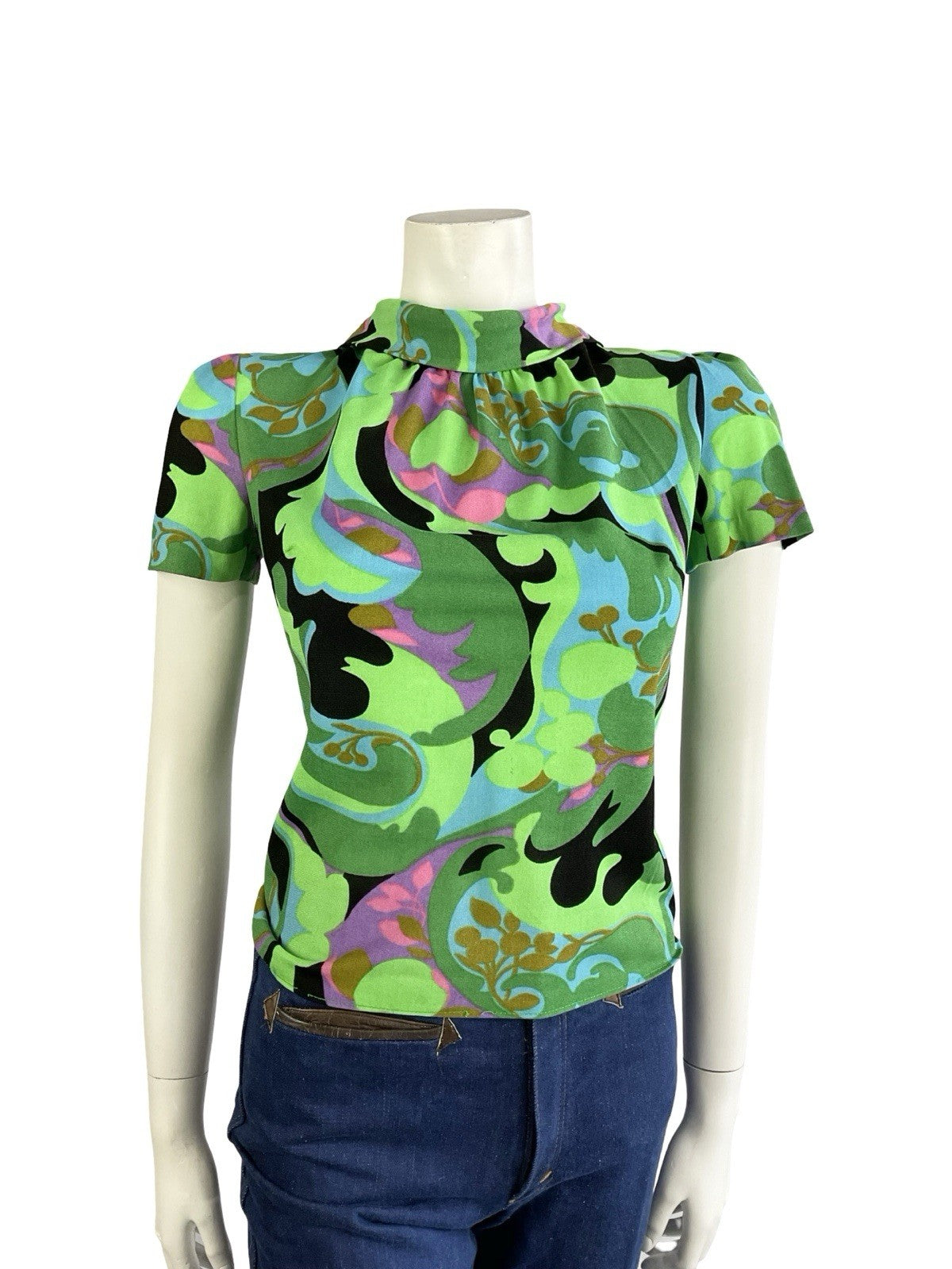 VTG 60S GREEN BLACK BLUE PSYCHEDELIC GEOMETRIC PAISLEY FUNNEL NECK MOD TOP 10
