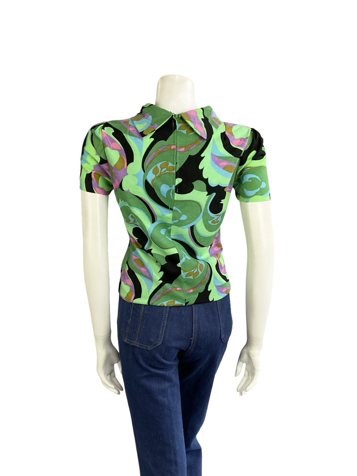 VTG 60S GREEN BLACK BLUE PSYCHEDELIC GEOMETRIC PAISLEY FUNNEL NECK MOD TOP 10