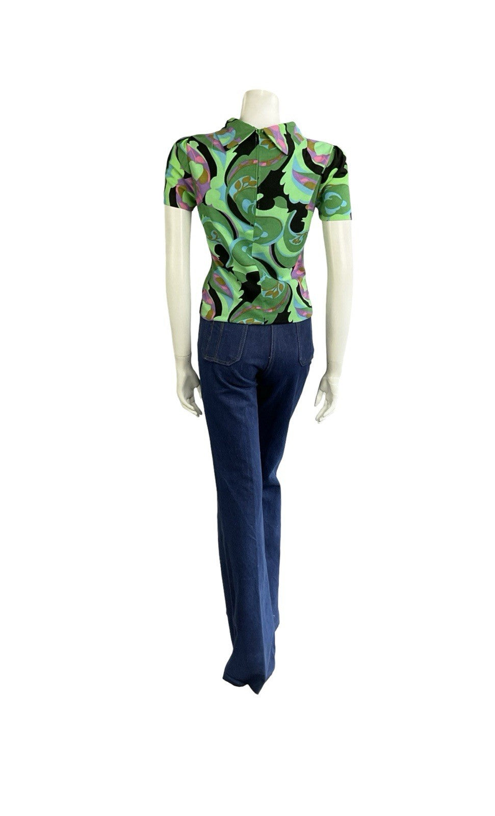 VTG 60S GREEN BLACK BLUE PSYCHEDELIC GEOMETRIC PAISLEY FUNNEL NECK MOD TOP 10