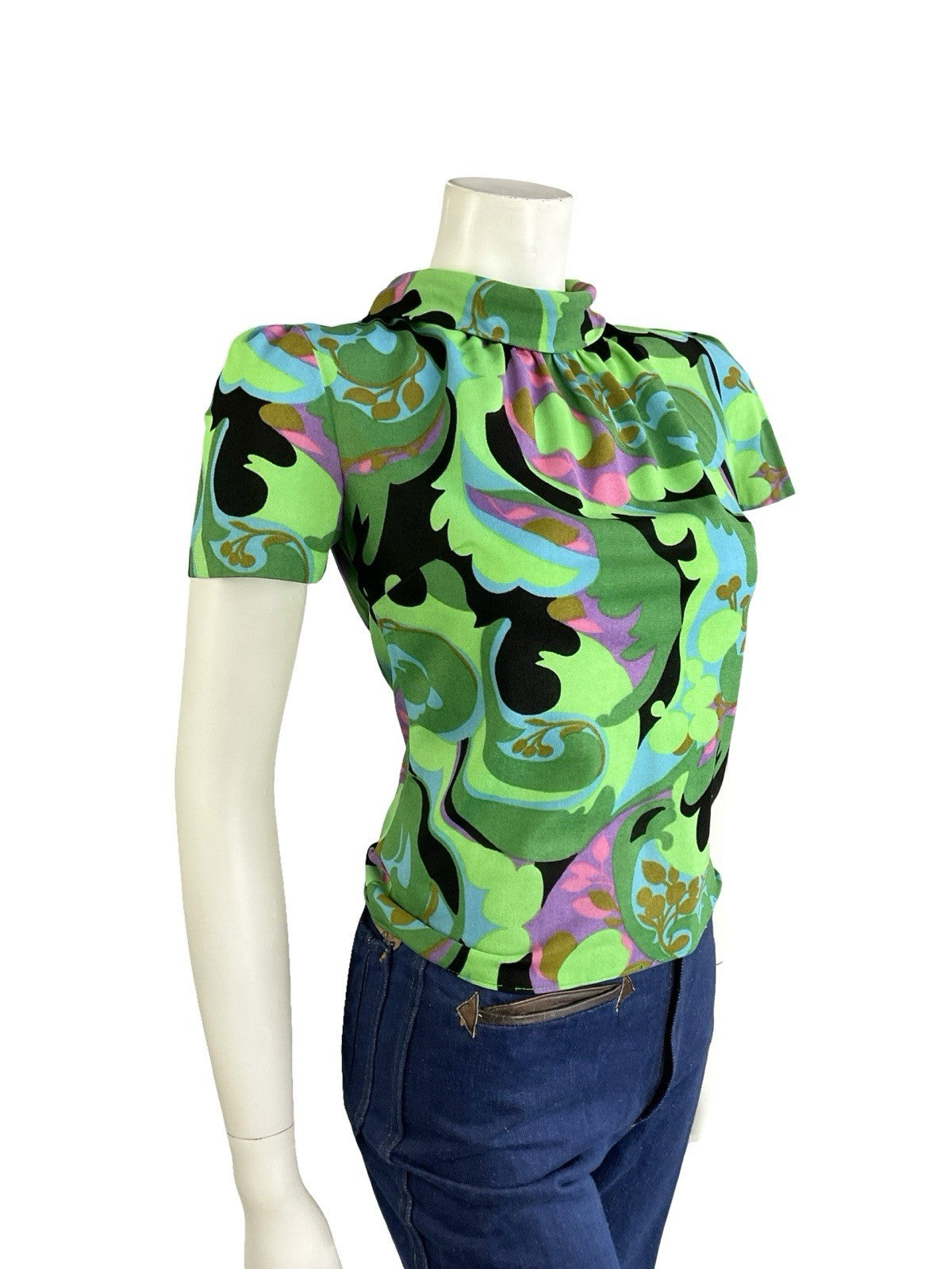 VTG 60S GREEN BLACK BLUE PSYCHEDELIC GEOMETRIC PAISLEY FUNNEL NECK MOD TOP 10
