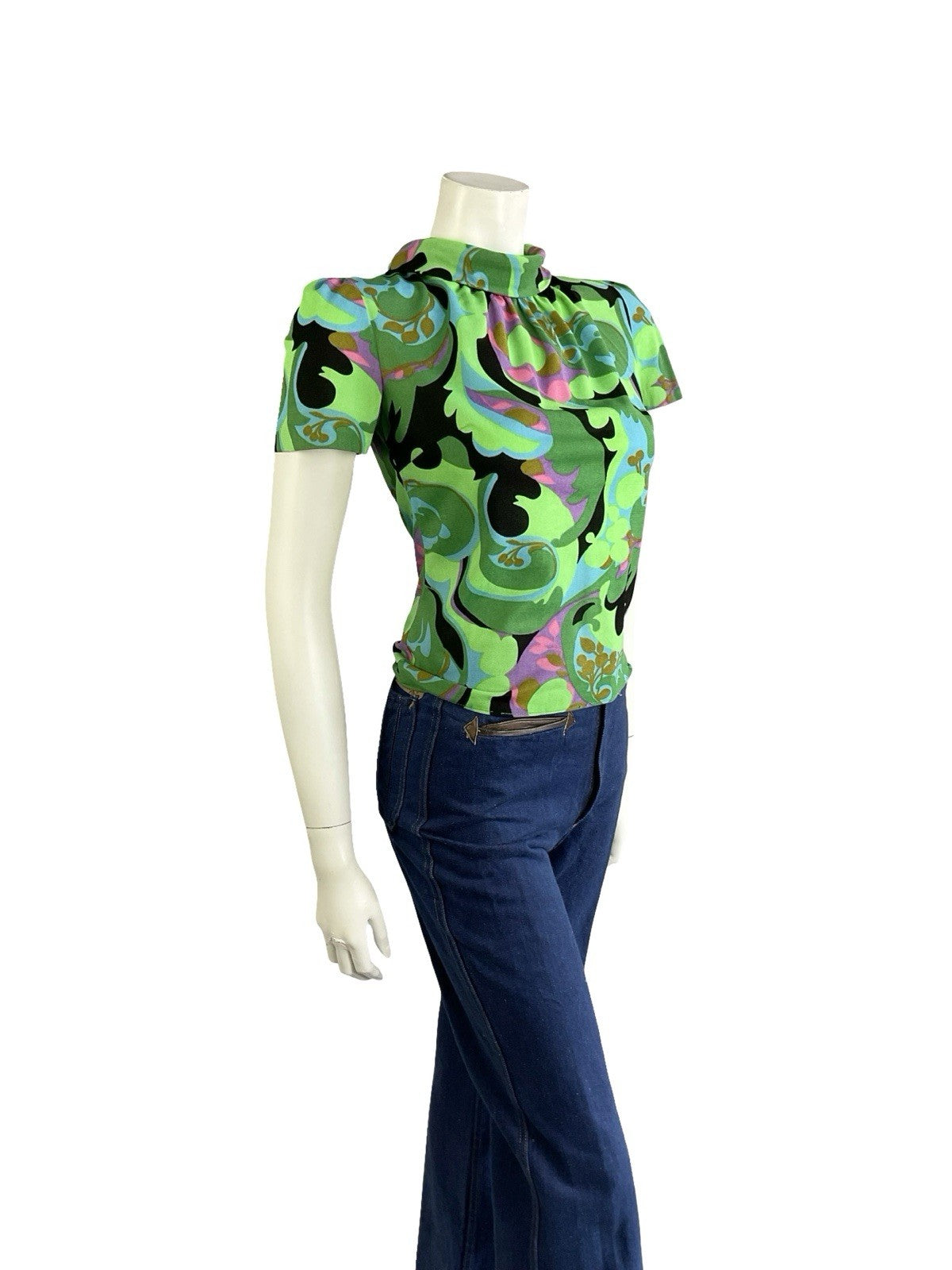 VTG 60S GREEN BLACK BLUE PSYCHEDELIC GEOMETRIC PAISLEY FUNNEL NECK MOD TOP 10