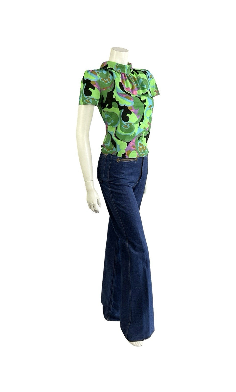 VTG 60S GREEN BLACK BLUE PSYCHEDELIC GEOMETRIC PAISLEY FUNNEL NECK MOD TOP 10