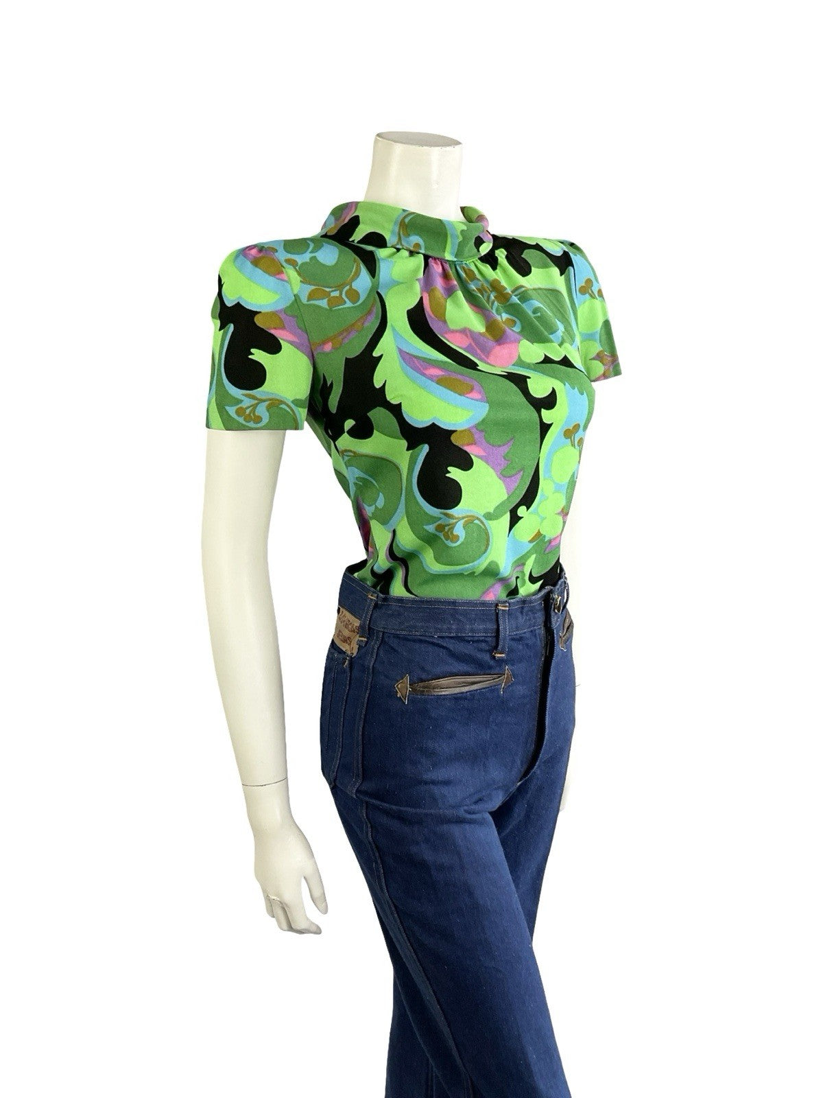 VTG 60S GREEN BLACK BLUE PSYCHEDELIC GEOMETRIC PAISLEY FUNNEL NECK MOD TOP 10