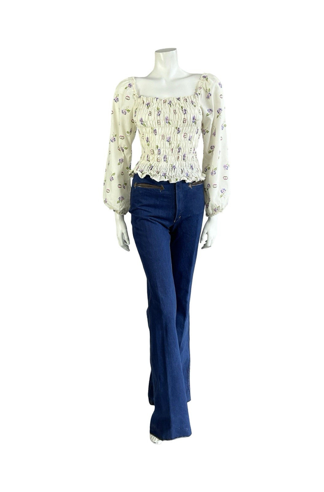 VTG 70S CREAM PURPLE PINK BROWN FLORAL RUCHED ELASTICATED ROMANTIC BLOUSE 8 10