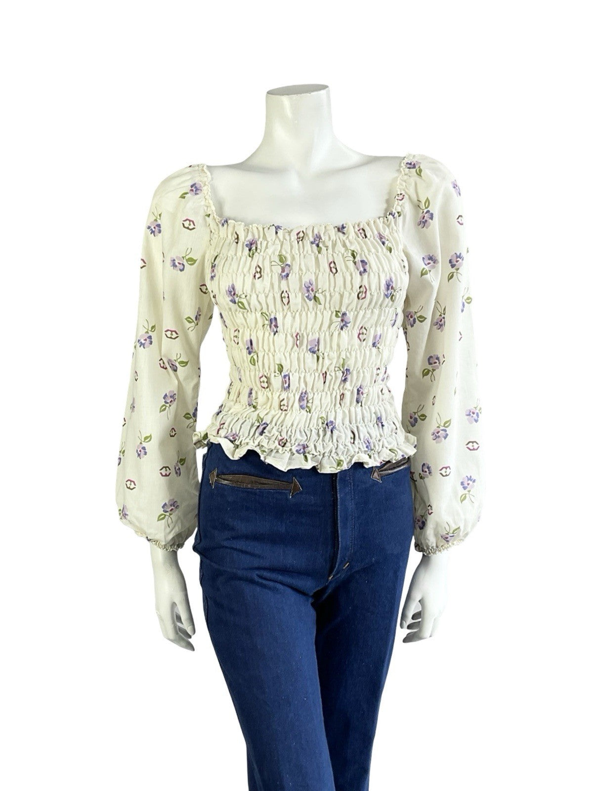VTG 70S CREAM PURPLE PINK BROWN FLORAL RUCHED ELASTICATED ROMANTIC BLOUSE 8 10