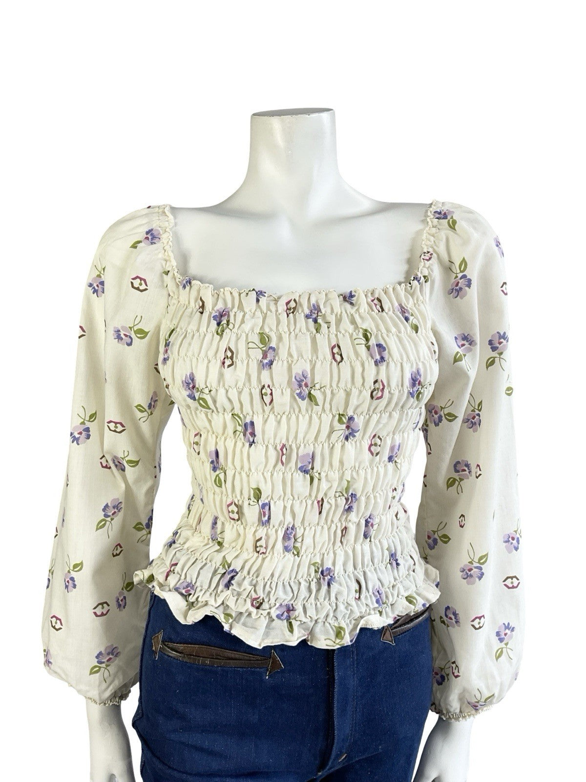 VTG 70S CREAM PURPLE PINK BROWN FLORAL RUCHED ELASTICATED ROMANTIC BLOUSE 8 10
