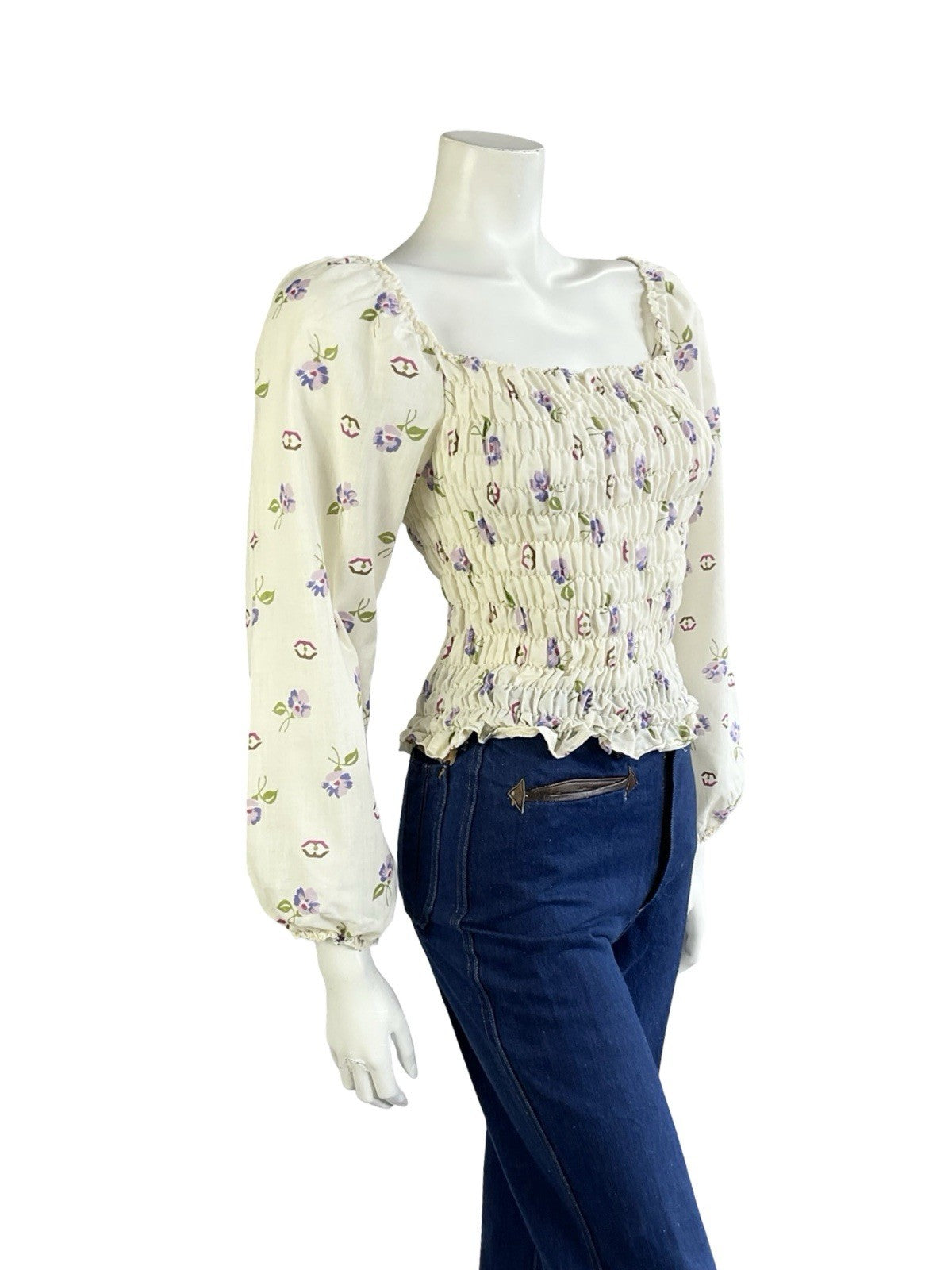 VTG 70S CREAM PURPLE PINK BROWN FLORAL RUCHED ELASTICATED ROMANTIC BLOUSE 8 10