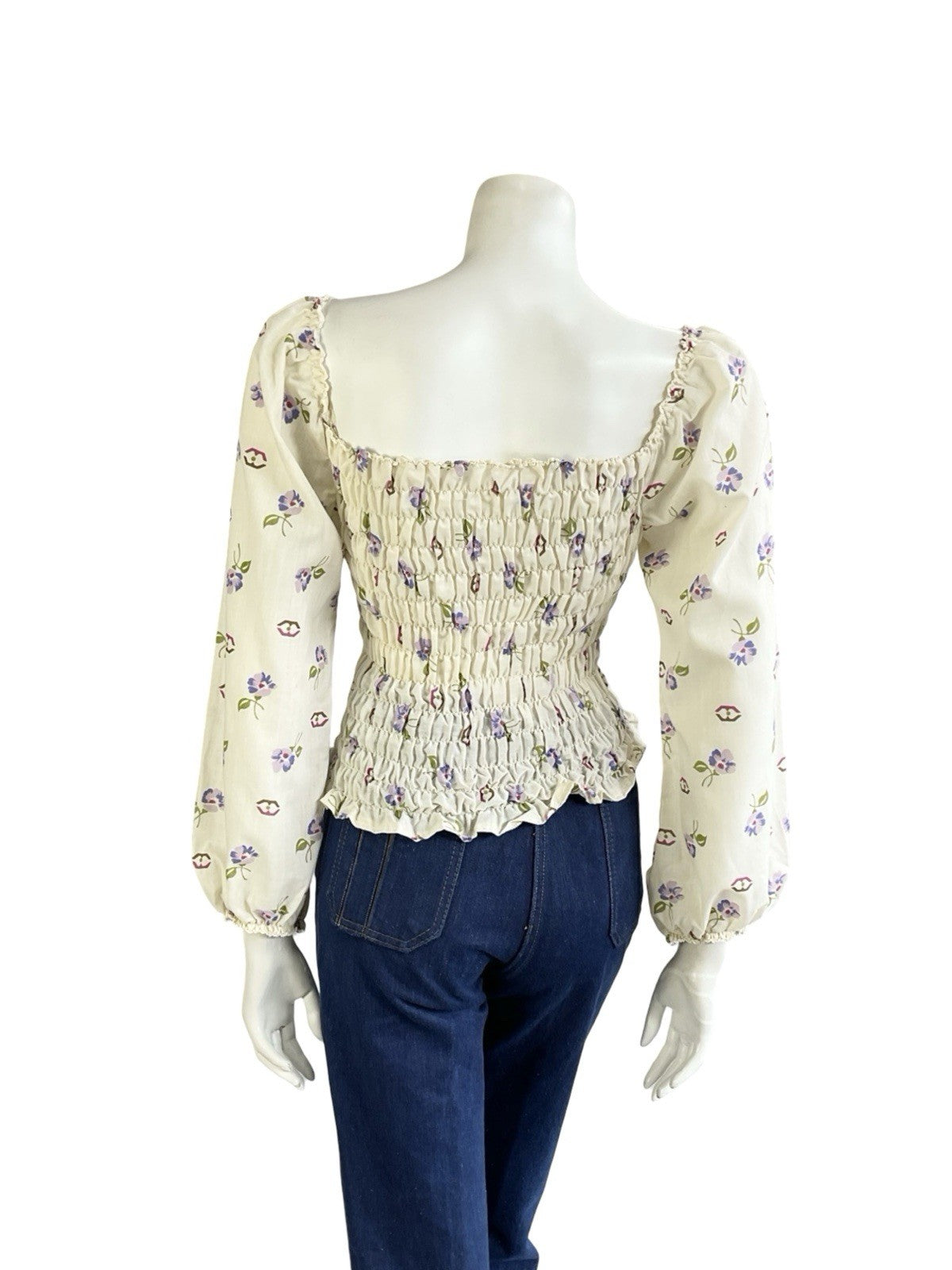 VTG 70S CREAM PURPLE PINK BROWN FLORAL RUCHED ELASTICATED ROMANTIC BLOUSE 8 10