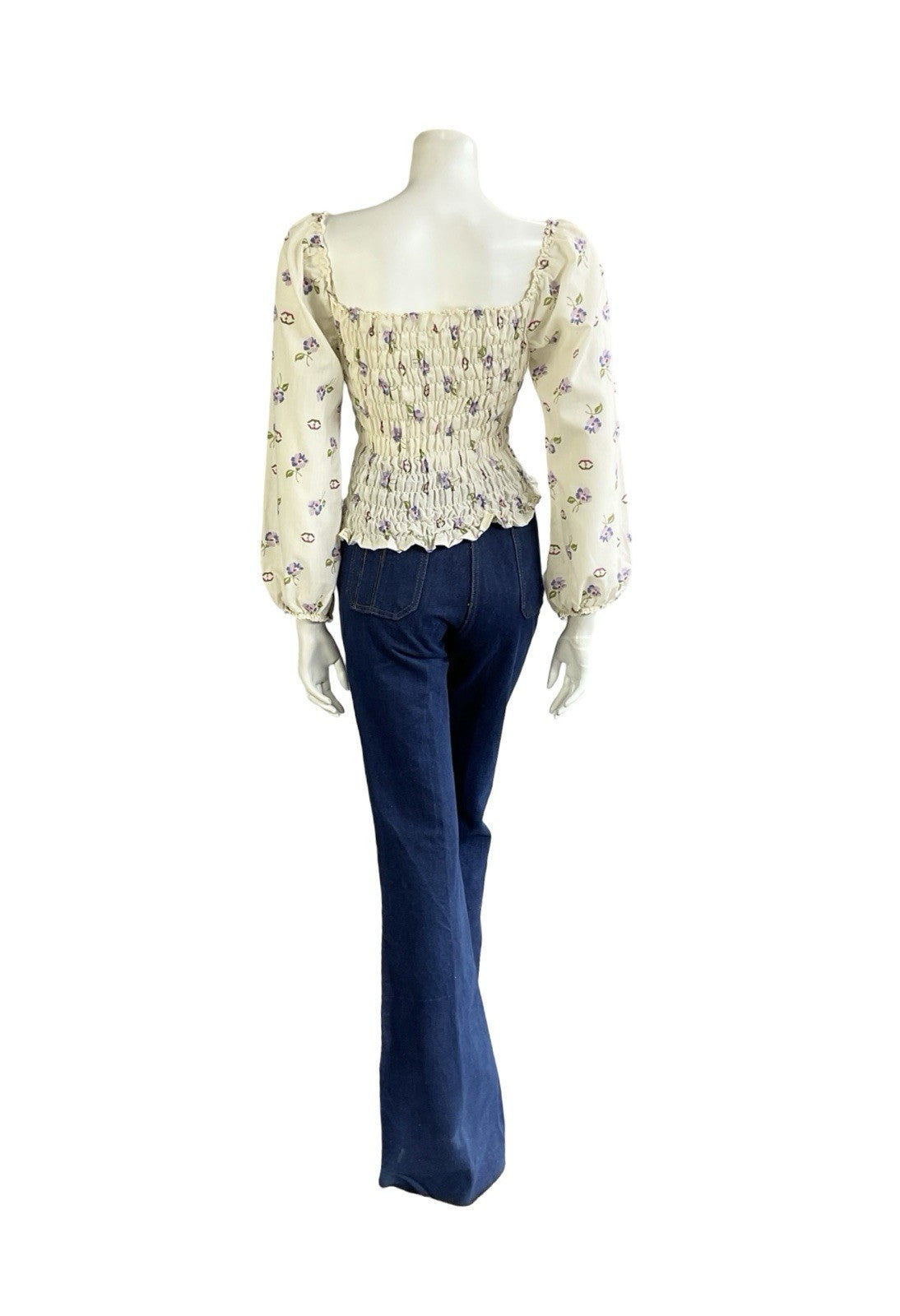 VTG 70S CREAM PURPLE PINK BROWN FLORAL RUCHED ELASTICATED ROMANTIC BLOUSE 8 10