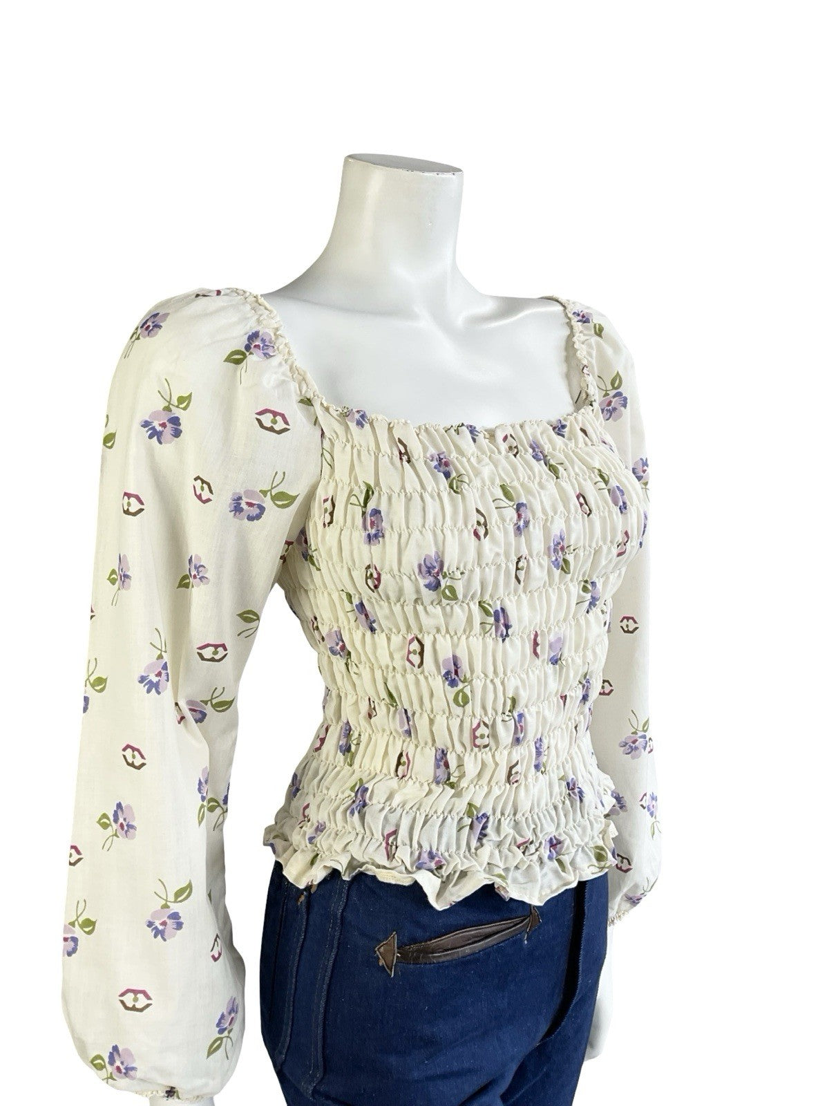 VTG 70S CREAM PURPLE PINK BROWN FLORAL RUCHED ELASTICATED ROMANTIC BLOUSE 8 10