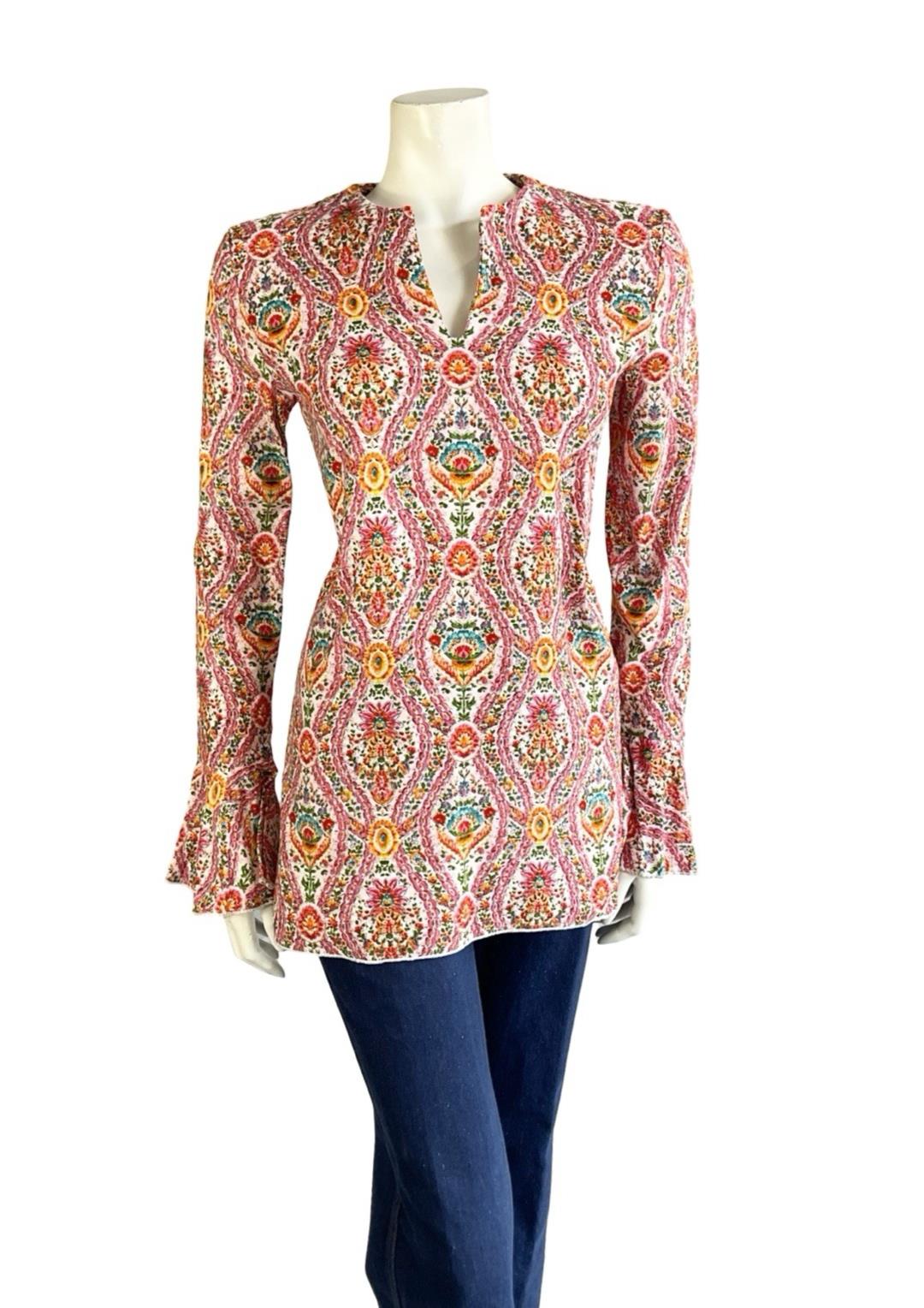 VTG 60S 70S PINK WHITE ORANGE BLUE CORDUROY HIPPY FLUTE SLEEVE TUNIC TOP 8