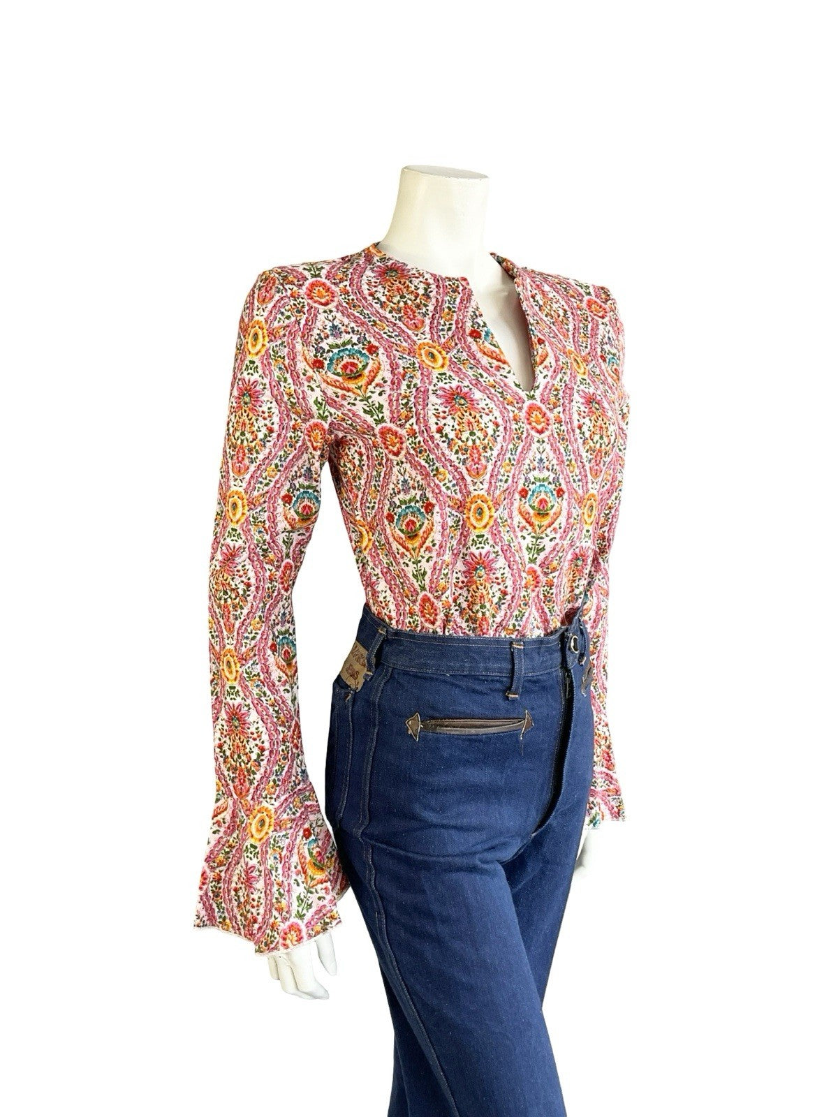 VTG 60S 70S PINK WHITE ORANGE BLUE CORDUROY HIPPY FLUTE SLEEVE TUNIC TOP 8