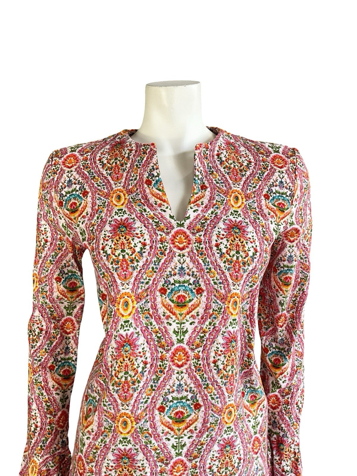 VTG 60S 70S PINK WHITE ORANGE BLUE CORDUROY HIPPY FLUTE SLEEVE TUNIC TOP 8