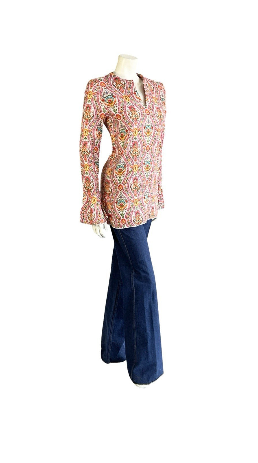 VTG 60S 70S PINK WHITE ORANGE BLUE CORDUROY HIPPY FLUTE SLEEVE TUNIC TOP 8