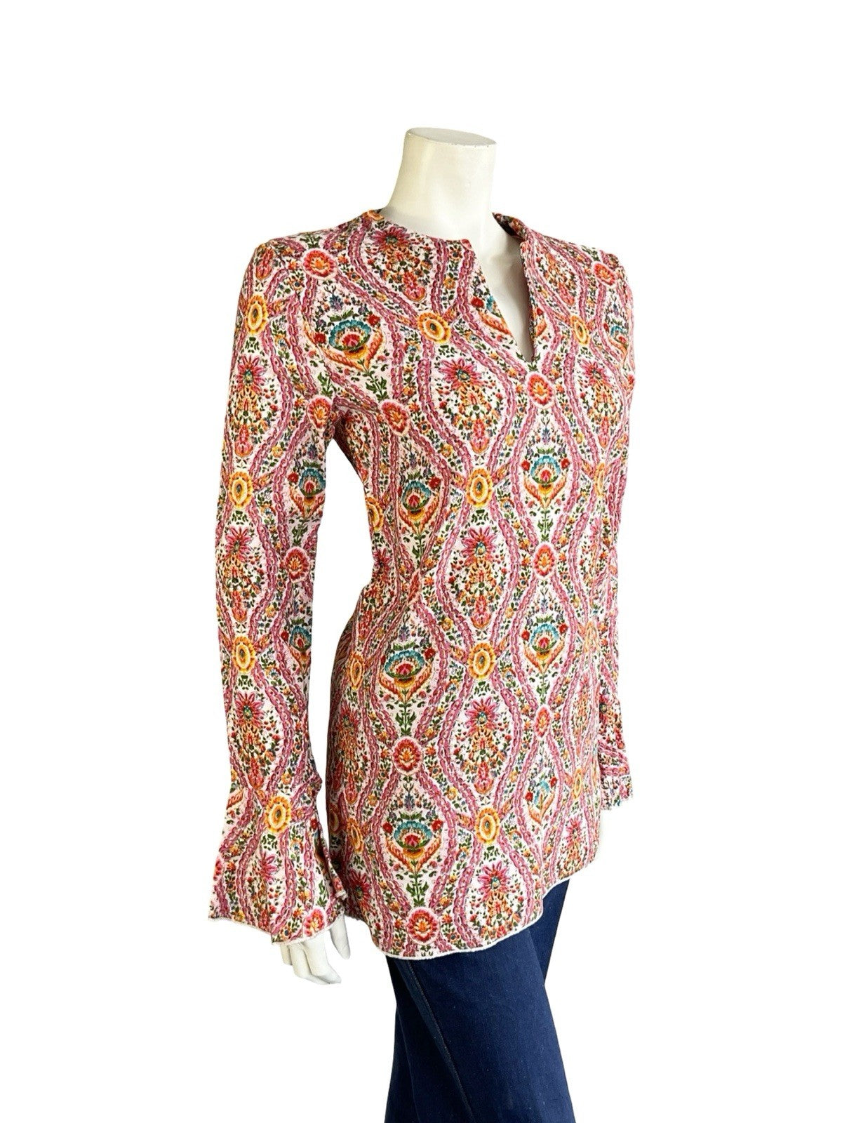 VTG 60S 70S PINK WHITE ORANGE BLUE CORDUROY HIPPY FLUTE SLEEVE TUNIC TOP 8