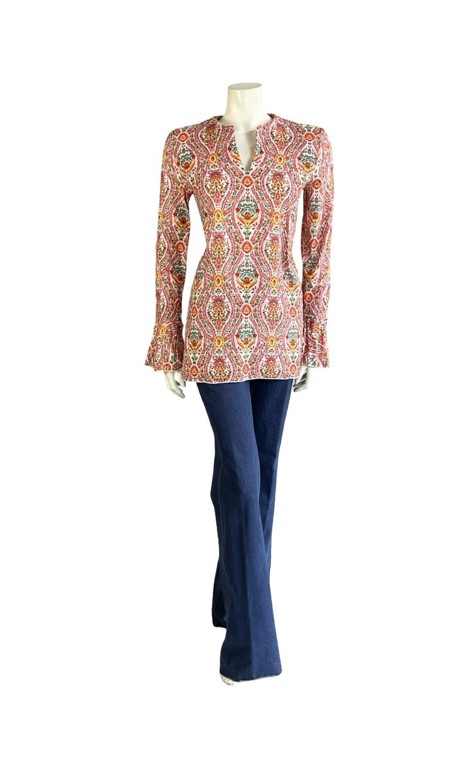 VTG 60S 70S PINK WHITE ORANGE BLUE CORDUROY HIPPY FLUTE SLEEVE TUNIC TOP 8