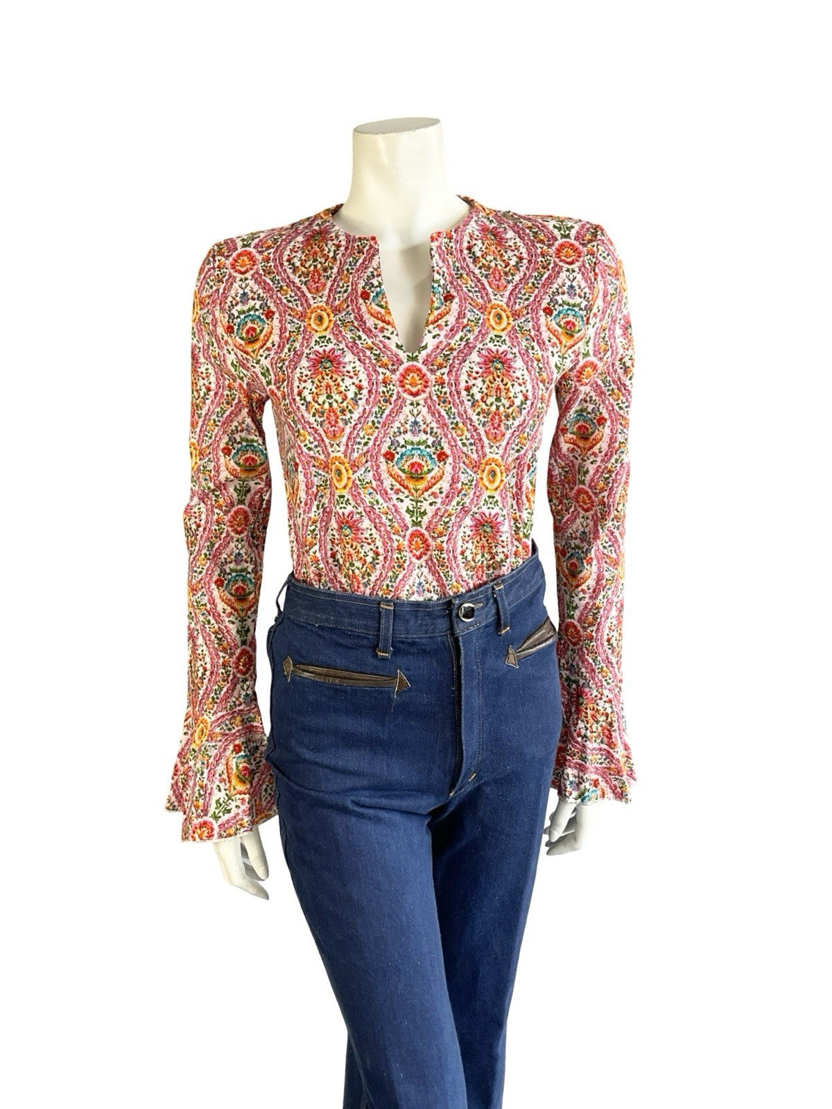 VTG 60S 70S PINK WHITE ORANGE BLUE CORDUROY HIPPY FLUTE SLEEVE TUNIC TOP 8