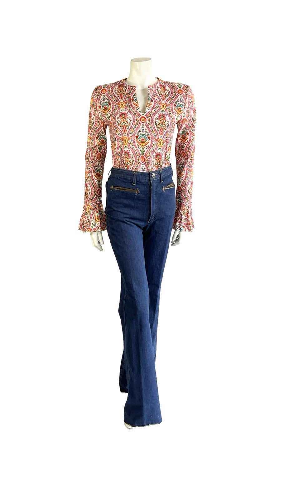 VTG 60S 70S PINK WHITE ORANGE BLUE CORDUROY HIPPY FLUTE SLEEVE TUNIC TOP 8