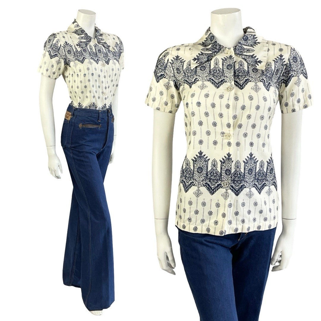 VTG 60S 70S CREAM NAVY BLUE MANDALA PSYCHEDELIC GEOMETRIC SHIRT 8 S