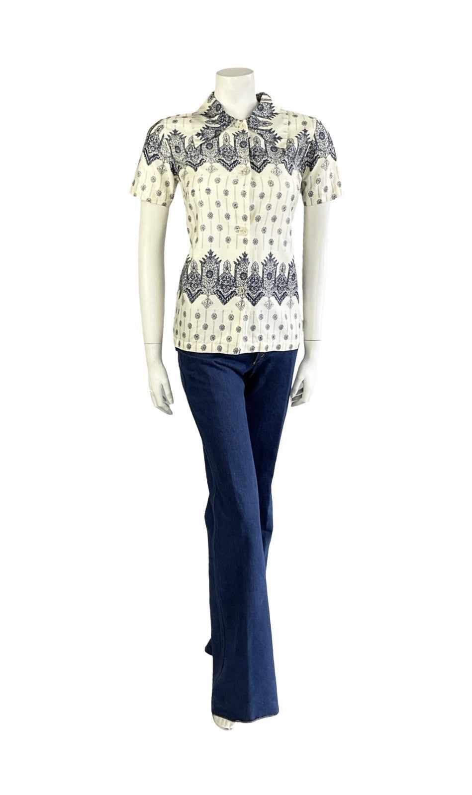 VTG 60S 70S CREAM NAVY BLUE MANDALA PSYCHEDELIC GEOMETRIC SHIRT 8 S
