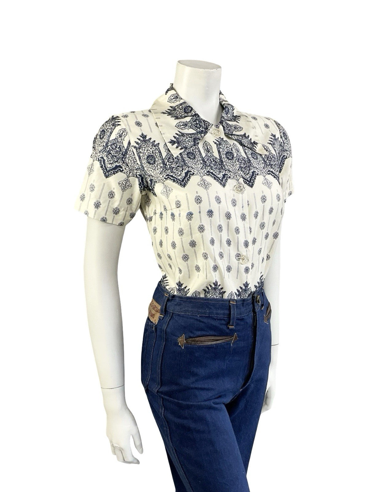 VTG 60S 70S CREAM NAVY BLUE MANDALA PSYCHEDELIC GEOMETRIC SHIRT 8 S