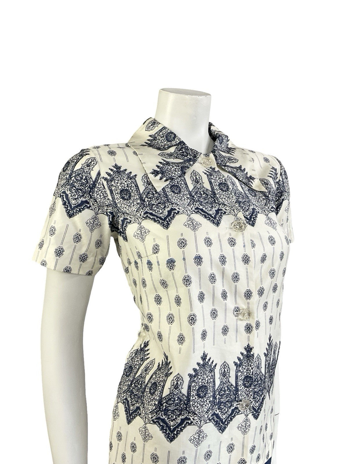 VTG 60S 70S CREAM NAVY BLUE MANDALA PSYCHEDELIC GEOMETRIC SHIRT 8 S
